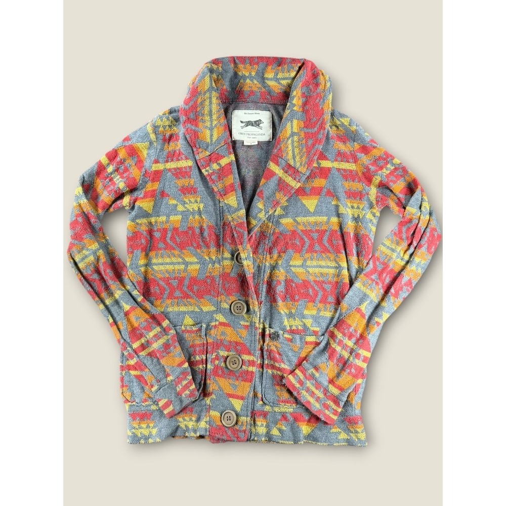 Obey Propaganda Southwestern Geometric Shawl Collar Cardigan Grey Red Small